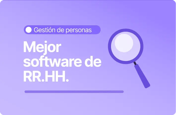 Banner sobre gestión de personas enfocado en elegir el mejor software de RR.HH. con icono de lupa en tonos morados