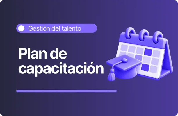 Ilustración de un calendario violeta acompañado de un birrete académico, con el título «Plan de capacitación» sobre un fondo degradado morado.