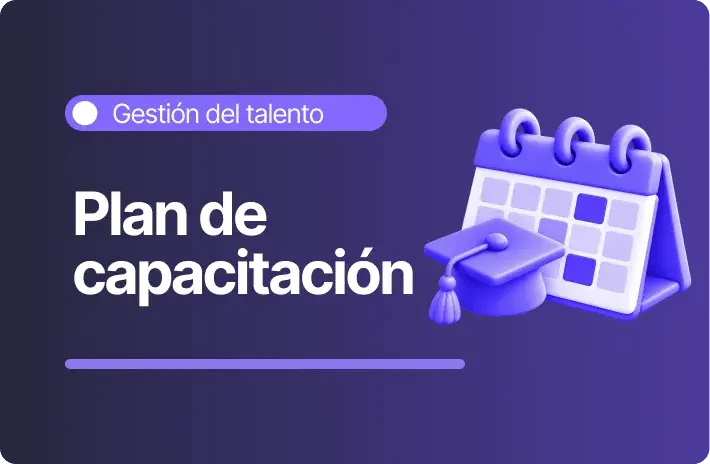 Ilustración de un calendario violeta acompañado de un birrete académico, con el título «Plan de capacitación» sobre un fondo degradado morado.