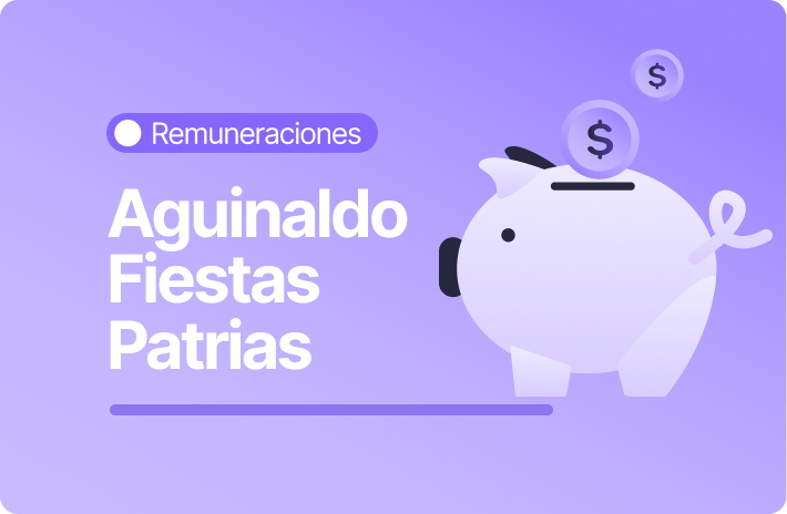 Portada morada con el texto Aguinaldo Fiestas Patrias, categoría Remuneraciones. A la derecha, ilustración de un chanchito alcancía púrpura con monedas ingresando.