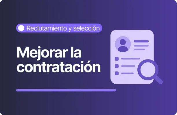 Banner sobre reclutamiento y selección enfocado en mejorar la contratación con icono de CV y lupa en tonos morados