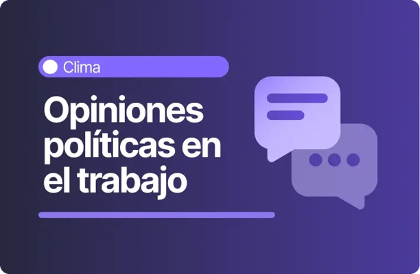 Banner sobre clima laboral enfocado en opiniones políticas en el trabajo con icono de burbujas de conversación en tonos morados