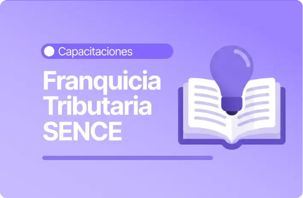 Banner sobre capacitaciones enfocado en franquicia tributaria SENCE con icono de libro y bombilla en tonos morados