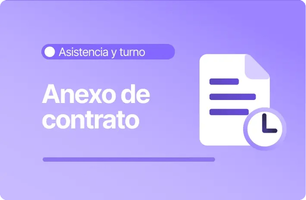 Banner sobre asistencia y turnos enfocado en anexo de contrato con icono de documento y reloj en tonos morados