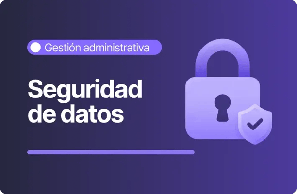 Ilustración de datos seguros con candado y escudo de verificación en gestión administrativa sobre fondo morado