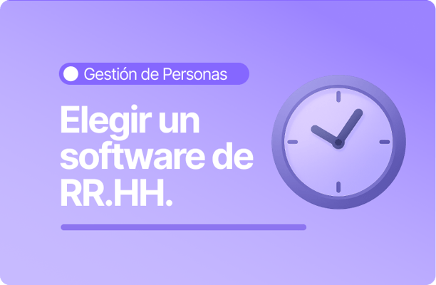 Banner sobre gestión de personas enfocado en elegir un software de RR.HH. con icono de reloj en tonos morados.