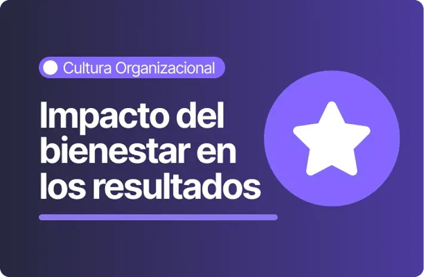 Imagen con fondo morado oscuro y el texto “Impacto del bienestar en los resultados”. En la parte superior aparece la categoría “Cultura Organizacional” y a la derecha un ícono circular con una estrella blanca en el centro.