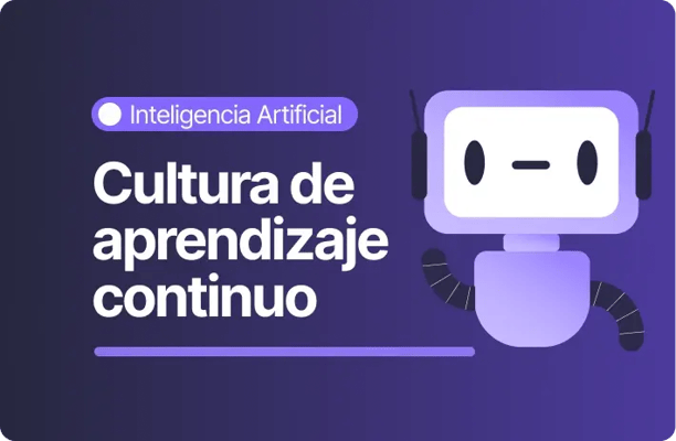 Banner morado con el texto Cultura de aprendizaje continuo y la etiqueta Inteligencia Artificial. A la derecha, un robot ilustrado en tonos violetas con auriculares y brazos mecánicos.