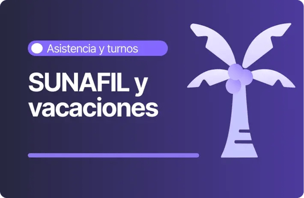 Imagen con fondo morado y el título “SUNAFIL y vacaciones” bajo la categoría Asistencia y turnos. A la derecha se ve un ícono de palmera en tonos lilas.
