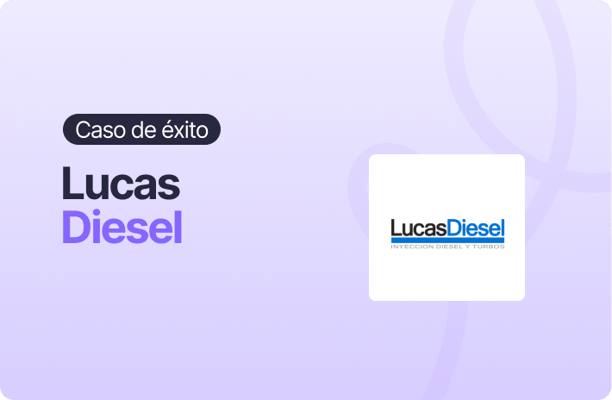 Imagen con fondo morado claro que presenta un caso de éxito. A la izquierda aparece la etiqueta “Caso de éxito” junto al texto “Lucas Diesel”. A la derecha se muestra el logo de Lucas Diesel dentro de un recuadro blanco, con un diseño limpio y corporativo.
