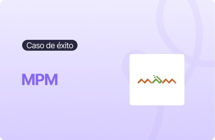 Portada de caso de éxito de MPM, con fondo claro en tonos morados, etiqueta “Caso de éxito” y logotipo de la empresa al centro, asociado a transformación digital en la gestión de personas.