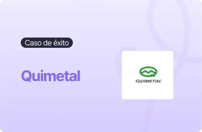 Caso de éxito Quimetal, con el nombre de la empresa y su logotipo sobre un fondo violeta claro.