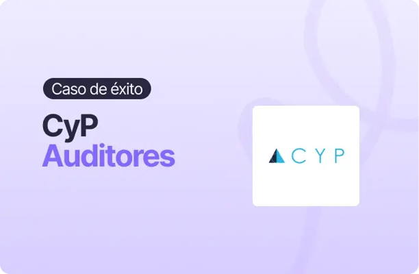 Imagen con fondo morado claro que presenta un caso de éxito. A la izquierda aparece la etiqueta “Caso de éxito” y el texto “CyP Auditores”. A la derecha se muestra el logo de CyP sobre un recuadro blanco, manteniendo un diseño limpio y corporativo.