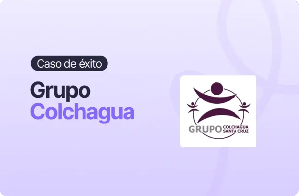 Imagen con fondo lila claro que presenta el caso de éxito de Grupo Colchagua. A la izquierda se lee “Caso de éxito” y el nombre “Grupo Colchagua”, con énfasis visual en la marca. A la derecha aparece el logo de Grupo Colchagua Santa Cruz sobre un recuadro blanco, manteniendo el estilo gráfico corporativo en tonos morados.