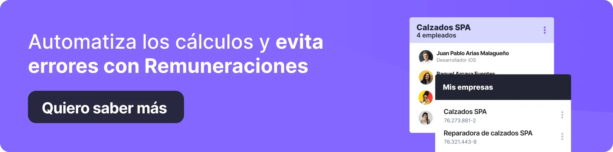 Banner con listado de empleados y empresas en la plataforma de remuneraciones de Talana. Texto: ‘Automatiza los cálculos y evita errores con Remuneraciones’. Botón: ‘Quiero saber más