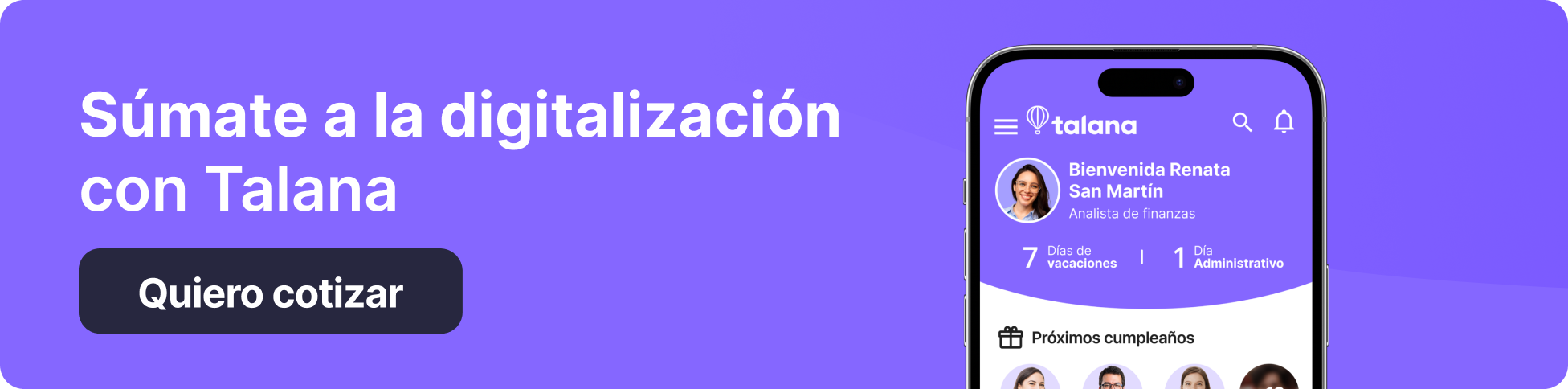 Banner promocional con fondo morado. A la izquierda, texto: ‘Súmate a la digitalización con Talana’. A la derecha, una vista de la app Talana en un celular. Botón: ‘Quiero cotizar’