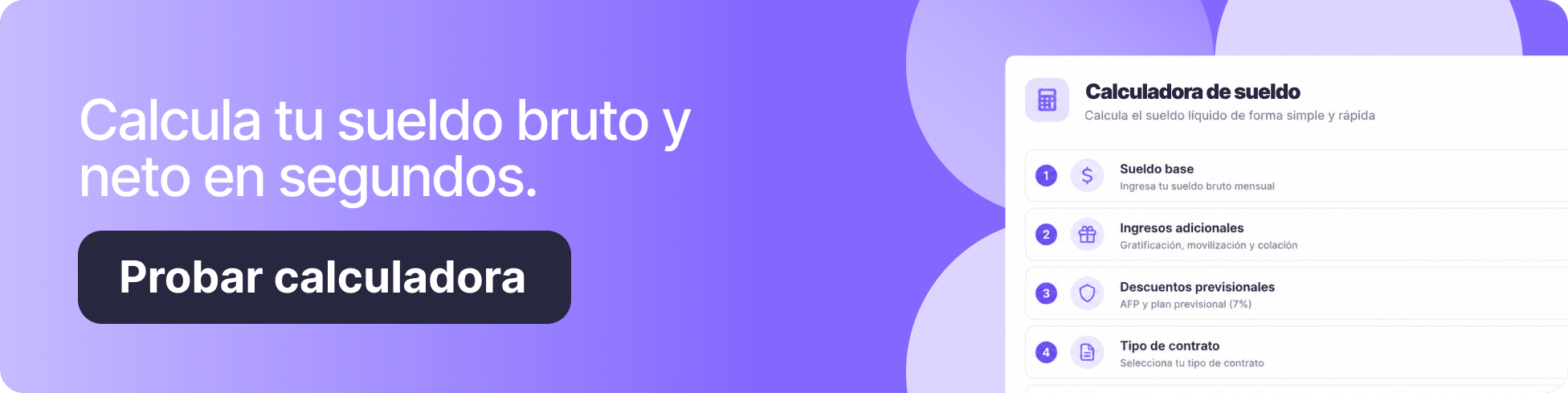 Banner morado con el texto principal "Calcula tu sueldo bruto y neto en segundos", un botón oscuro que dice "Probar calculadora" y una vista previa de la herramienta de "Calculadora de sueldo".
