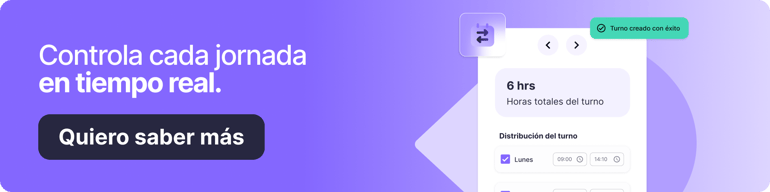 Banner de fondo morado claro con el texto "Controla cada jornada en tiempo real" y un botón que dice "Quiero saber más". A la derecha, se muestra una captura parcial de una interfaz digital con detalles de gestión de turnos de trabajo.