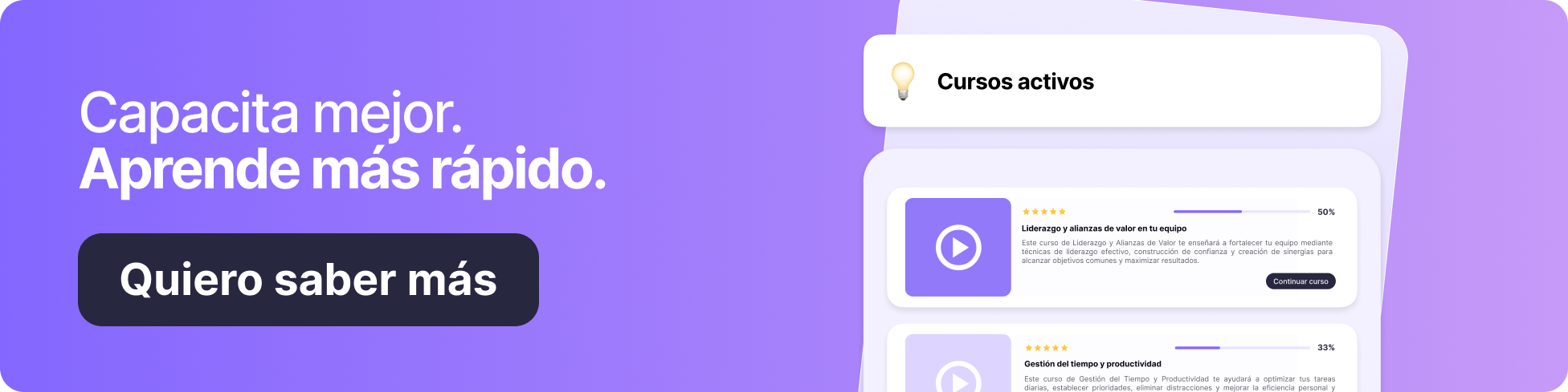 Banner sobre capacitaciones de Talana con el mensaje «Capacita mejor. Aprende más rápido», vista de una plataforma de cursos online y botón «Quiero saber más» en tonos morados.