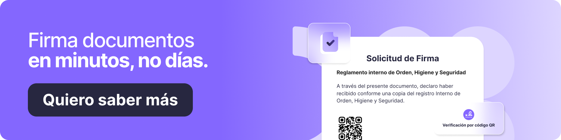 Firma documentos en minutos, no días" y un botón que dice "Quiero saber más". A la derecha, se muestra una ilustración digital de un documento de solicitud de firma electrónica.