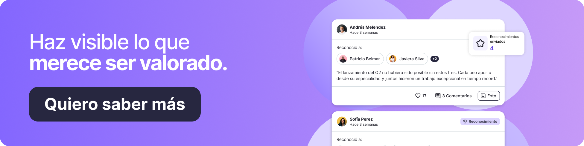 Banner sobre reconocimientos laborales de Talana con el mensaje «Haz visible lo que merece ser valorado», vista de una plataforma de reconocimiento entre trabajadores y botón «Quiero saber más» en tonos morados.