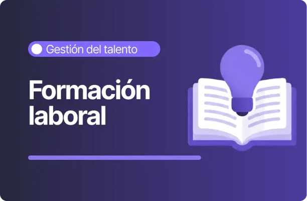 lustración en tonos morados sobre formación laboral, con un libro abierto y una ampolleta encendida que representa el aprendizaje y el desarrollo del talento en la empresa.