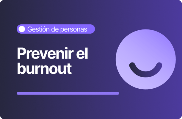 Banner morado con el título “Prevenir el burnout” bajo la categoría “Gestión de personas”, acompañado de un ícono circular con una sonrisa minimalista
