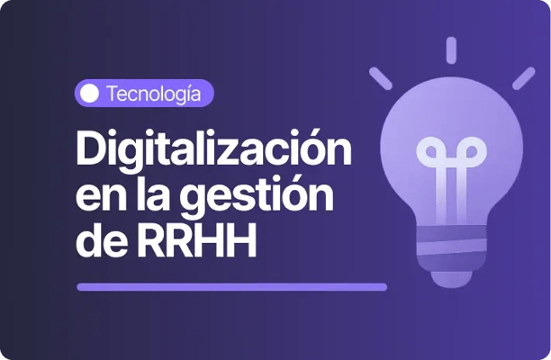 Banner en tonos morados con el texto 'Tecnología: Digitalización en la gestión de RRHH' acompañado de un ícono de bombilla encendida.