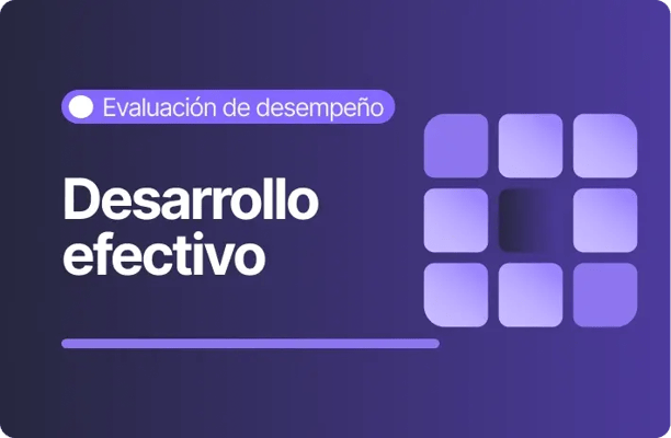 Banner morado con el texto Desarrollo efectivo y la etiqueta Evaluación de desempeño. A la derecha, un ícono cuadrado formado por bloques en distintos tonos de violeta.