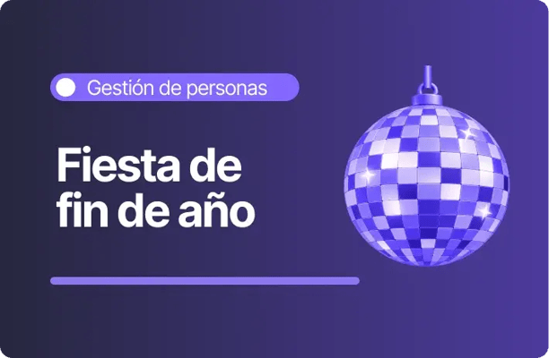 Ilustración de una bola de discoteca en tonos violetas, acompañada del título «Fiesta de fin de año» sobre un fondo degradado morado.