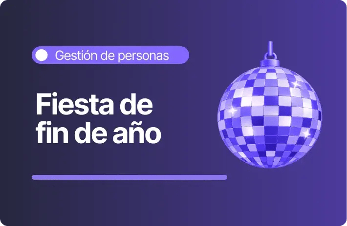 Ilustración de una bola de discoteca en tonos violetas, acompañada del título «Fiesta de fin de año» sobre un fondo degradado morado.