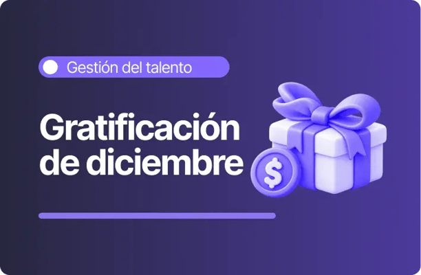 Ilustración de una caja de regalo violeta con un lazo y una moneda, acompañada del título «Gratificación de diciembre» sobre un fondo degradado morado.