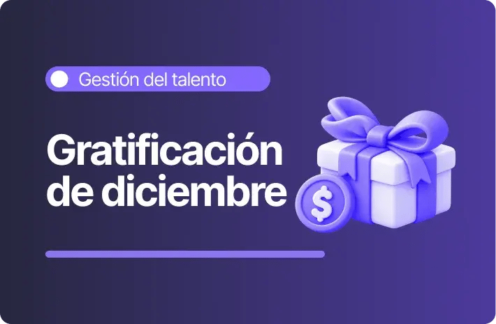 Ilustración de una caja de regalo violeta con un lazo y una moneda, acompañada del título «Gratificación de diciembre» sobre un fondo degradado morado.