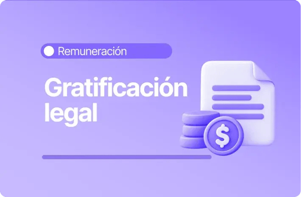 Ilustración sobre gratificación legal en Chile, con un documento, monedas y un símbolo de dinero sobre un fondo morado.
