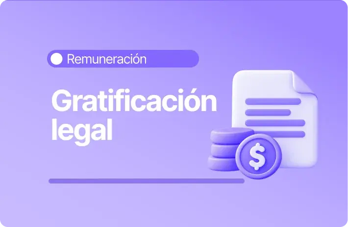 Ilustración sobre gratificación legal en Chile, con un documento, monedas y un símbolo de dinero sobre un fondo morado.