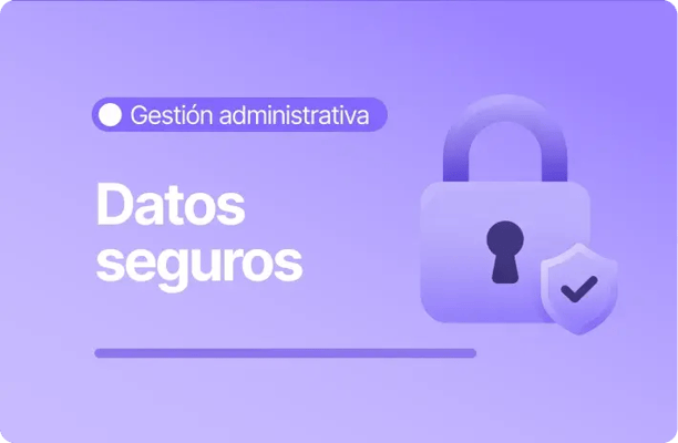 Ilustración de datos seguros con candado y escudo de verificación en gestión administrativa sobre fondo morado