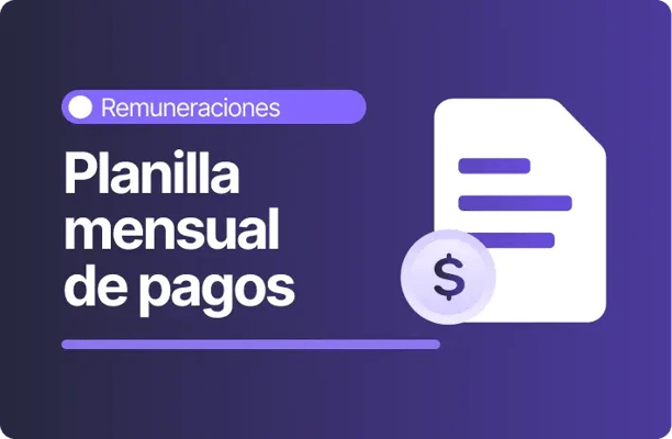 Banner sobre Planilla mensual de pagos en la categoría de Remuneraciones, con ilustración de un documento y un símbolo de dólar.