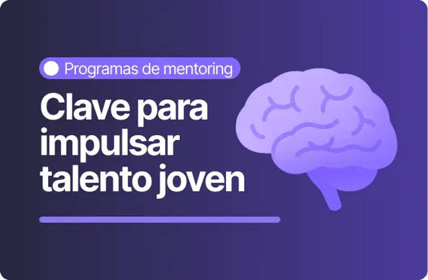 Imagen con fondo morado y el texto “Clave para impulsar talento joven”. En la parte superior aparece la categoría “Programas de mentoring”. A la derecha se muestra un ícono de un cerebro ilustrado en tonos lilas.