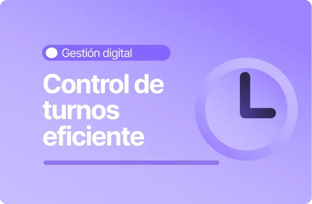 Portada morada con el texto Control de turnos eficiente, categoría Gestión digital. A la derecha, ícono de un reloj en tonos púrpura.
